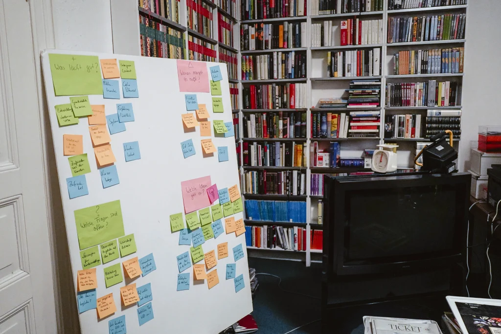 Whiteboard mit Post-its das im Workshop erarbeitet wurde